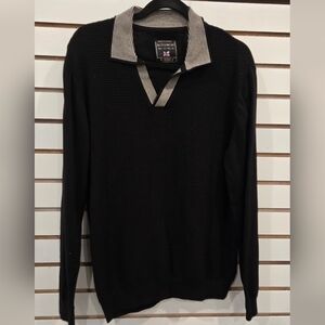 Men's Navy V-Neck Knit Sweater with Striped Collar